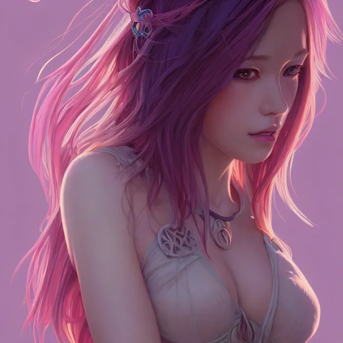 Image similar to portrait of beautiful symmetrical anime girl, rainbow hair, attractive, casual, modern, victoria's secret, highly detailed, digital painting, artstation, concept art, smooth, sharp focus, illustration, art by moebius artgerm, greg rutkowski and alphonse mucha, 8 k,