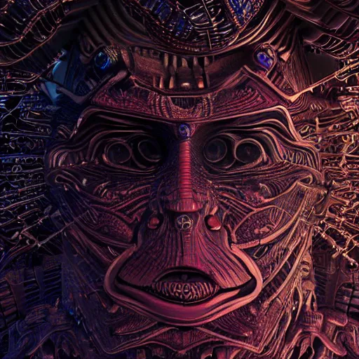 Prompt: A close-up view of an ancient alien meditating and conjuring fractal circuits. cosmic environment. Reflective textures. Beautiful dark moody lighting, highly detailed visionary art, trending on artstation. Made with photoshop, blender and cinema 4D.