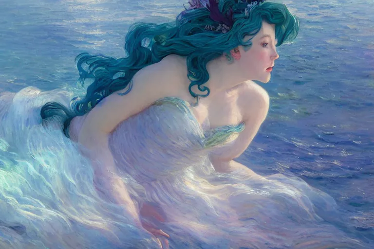 Prompt: a beautiful painting of the sea at dawn, spume dreams, fading away, the little mermaid, wedding dress made by waves, sea wedding and funeral, blue, shimmering and prismatic, rococo, by krenz cushart and mucha and monet, trending on artstation.