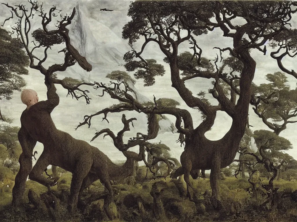 Image similar to albino mystic, with his back turned, looking at a dinosaur over the forest in the distance. Painting by Jan van Eyck, Audubon, Rene Magritte, Agnes Pelton, Max Ernst, Walton Ford