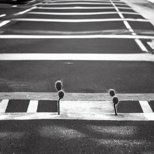 Prompt: living cactus crossing the street, greyscale, 4 k