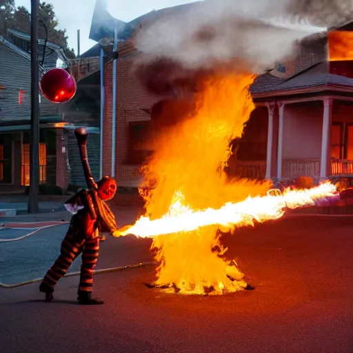 Prompt: photo of a clown using a flamethrower projecting a long bright flame towards a dumpster fire, award-winning, highly-detailed, 8K