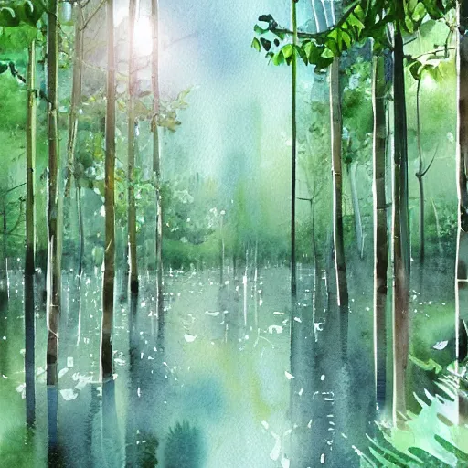 Image similar to beautiful happy picturesque charming organic sci - fi town with pod homes integrated in a forest area. water and trees. beautiful light. soft colour scheme. beautiful artistic detailed watercolor by lurid. ( 2 0 2 2 )