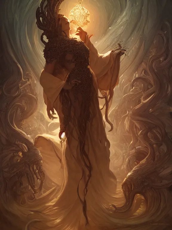 Prompt: summoner of cthulhu, d & d, thick robe, elder gods, fantasy, intricate, elegant, highly detailed, digital painting, artstation, concept art, wallpaper, smooth, sharp focus, illustration, art by artgerm and greg rutkowski and alphonse mucha