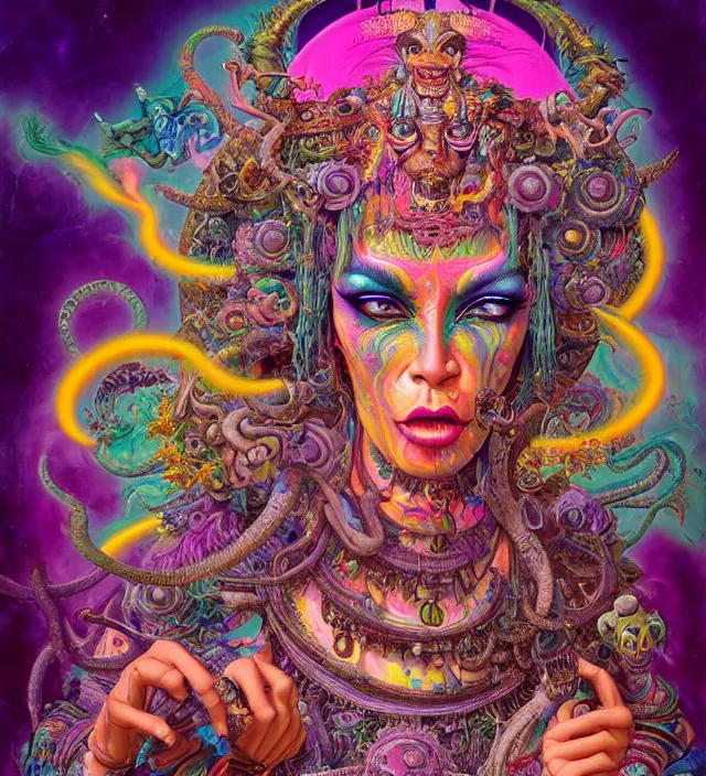 Image similar to lisa frank blotter acid fantasy character portrait of kali ma, ultra realistic, wide angle, intricate details, dharma artifacts, aum, highly detailed by hr giger, peter mohrbacher, wayne barlowe, boris vallejo, hajime sorayama aaron horkey, gaston bussiere, craig mullins