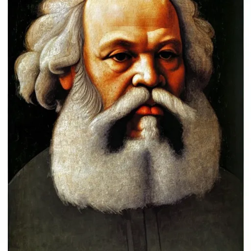 Image similar to beautiful renaissance painting portrait of karl marx by sandro botticelli, jan van eyck, tiziano vecelli, piero della francesca