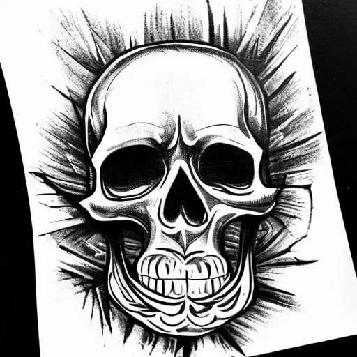 Image similar to skull outline tattoo design, black ink on white paper