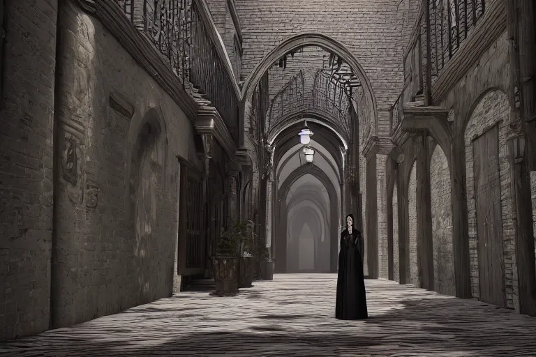 Prompt: victorian gothic alley, very elegant architecture, vampire woman with heavy makeup, 8 k, intricate environment, octane engine, unreal, cgi
