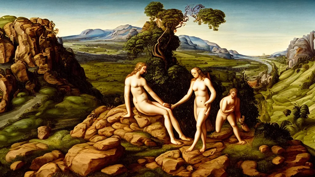 Prompt: Adam and eve going up the mountain, high detail, 8k, ornate, realistic, masterpiece, complex, wide angle, from a film Jodorowskys