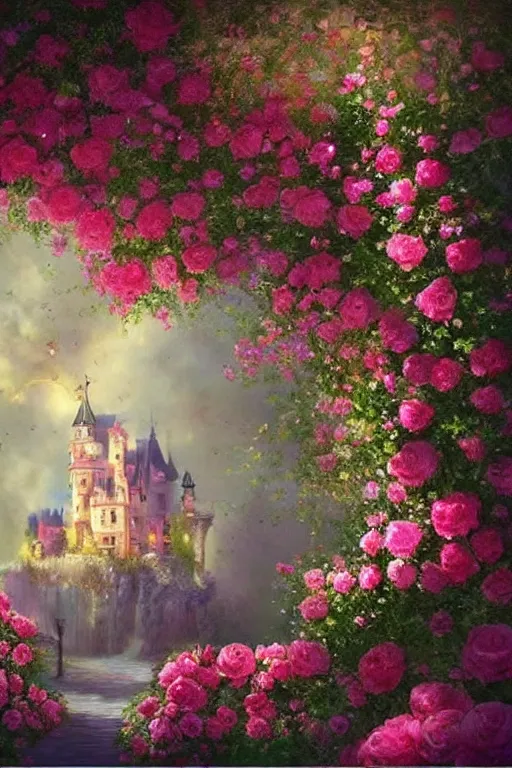 Image similar to Beautiful dream pictures, castle, roses, flowers, trending on art station