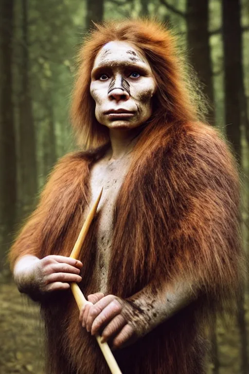 Prompt: a professional portrait photo of a neanderthal woman in the forest in winter holding a spear, dirt on face, black stripe painted side to side across her eyes, ginger hair and fur, extremely high fidelity, natural lighting, still from the movie clan of the cave bear