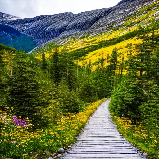 Prompt: walking down a deep norwegian mountain gorge, mountain corridor, norwegian yellow and purple wild flowers, norwegian tall spruce tree forest, mountain lake in distance, beautiful, serene, cinematic, cinematography, landscape photography, realistic, samyang 1 2 mm lens, first person view, 8 k, unreal engine, depth of field,