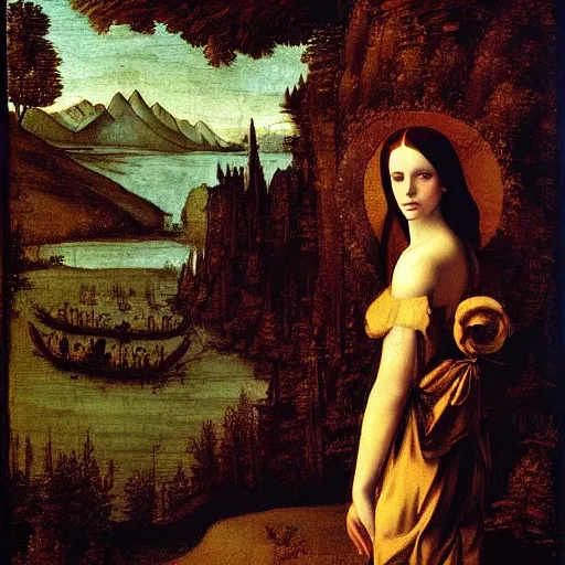 Image similar to lana del rey painted by leonardo da vinci, renaissance art style, flowers, darkness, forest