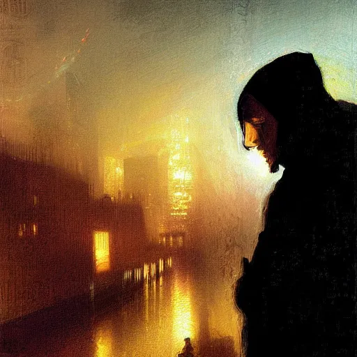 Prompt: digital art cyberpunk cityscape nighttime silhouette of young man in a hoodie in theforeground painted by turner 1860