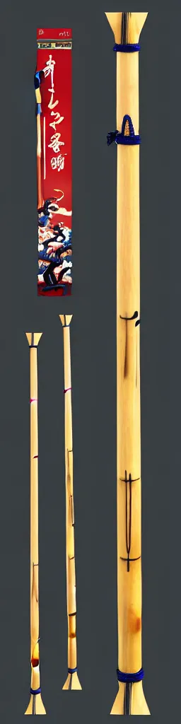 Image similar to single wooden long straight thin ninja fighting staff with oriental ornaments, weapon, highlight, vertical, centred, highly symmetric, sci - fi, fantasy, japan, dnd, close shot, bright uniform background, directional lighting, digital art, hyperrealism, award winning, 8 k