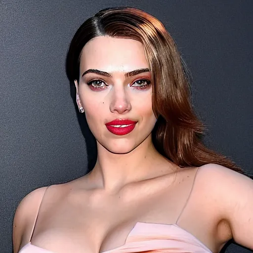 Image similar to a woman who is a genetic combination of kim kardashian and kat dennings and scarlett johansson and margot robbie and emma watson, face and upper - body focus