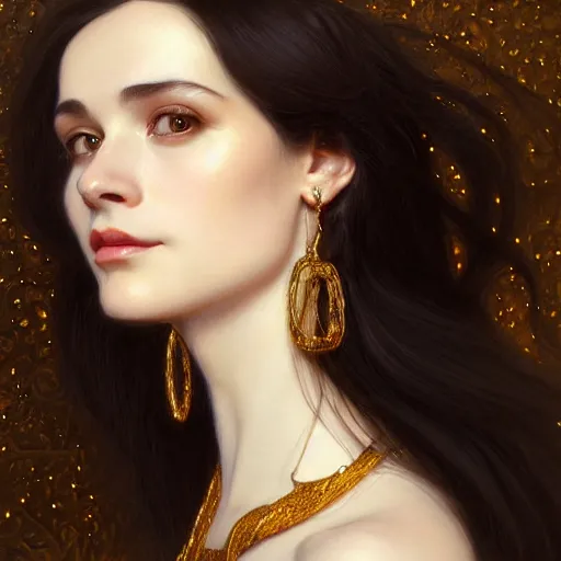 Image similar to portrait of a smiling, beautiful, pale skin eastern european female with long black hair, dark brown eyes, elegant clothing, photorealistic, highly detailed, artstation, smooth, sharp focus, gold ornaments, neon lighting, sci - fi, art by gustav klimt, artgerm, greg rutkowski and alphonse mucha