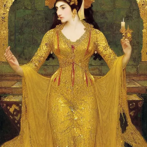 Image similar to a queen in a gold dress, ancient, arabic art, oil painting, otomo, amano, bouguereau, gustave moreau