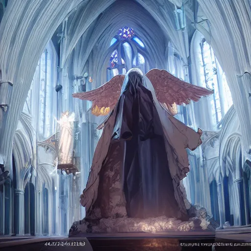 Image similar to angel protecting man who is praying inside a gothic church by Stanley Artgerm Lau, WLOP, Rossdraws, James Jean, Andrei Riabovitchev, Marc Simonetti, Yoshitaka Amano, ArtStation, CGSociety