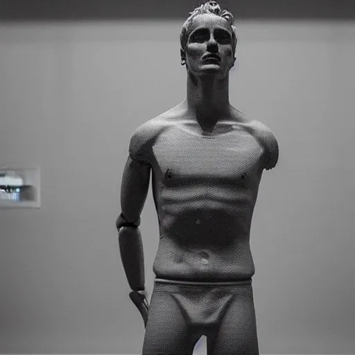 Image similar to “ a realistic detailed photo of a guy who is an attractive humanoid who is half robot and half humanoid, who is a male android, soccer player antoine griezmann, shiny skin, posing like a statue, blank stare, at the museum, on display ”