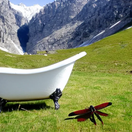 Prompt: dragonfly in a bathtub in the alps, goats!!!!! in background