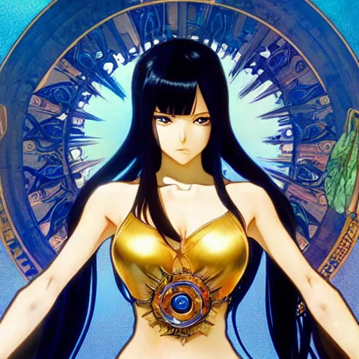 Image similar to highly detailed vfx portrait of nico robin by eiichiro oda, makoto shinkai, alphonse mucha, sharp focus, art by artgerm and greg rutkowski!, backlit, harsh overhead sunlight, blue eyes, stanley kybric, kaoru mori, pixiv, fanbox,