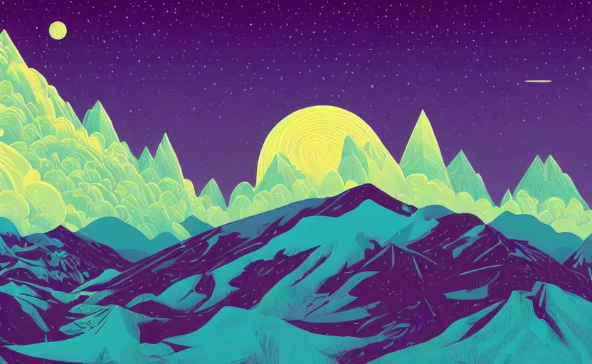 Image similar to mountains, stars and paisley filled sky, artstation, intricate, highly detailed, digital painting, concept art, sharp focus, illustration by tom whalen and charles williams and kilian eng and james jean