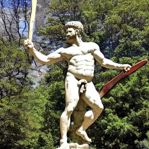 Prompt: Ancient Statue of Hercules swinging a battle axe