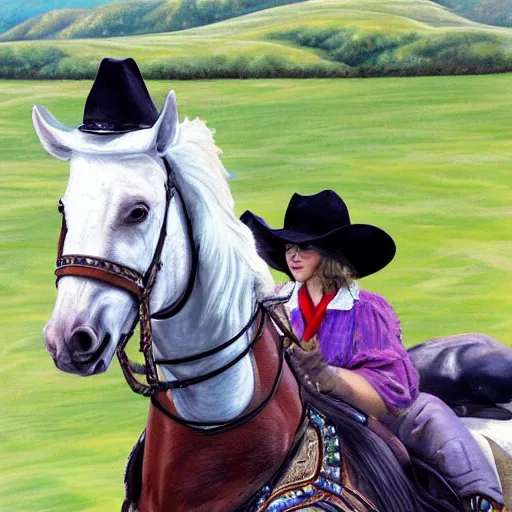 Image similar to a white duck, in a hat and chaps riding a horse, photo realistic