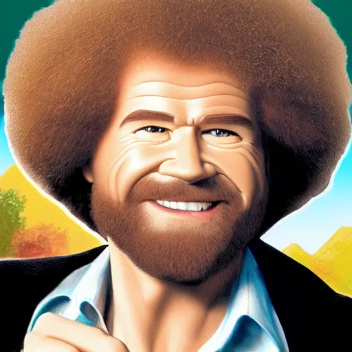 Prompt: Bob Ross holding a gun pointed at you