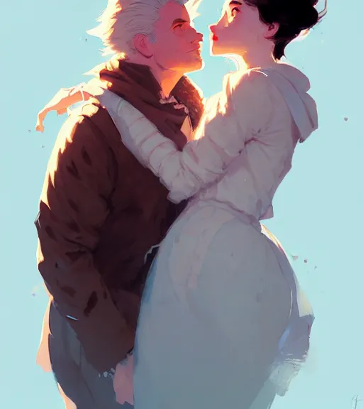 Image similar to portrait of cullen kissing clementina by atey ghailan, by greg rutkowski, by greg tocchini, by james gilleard, by joe fenton, by kaethe butcher, dynamic lighting, gradient light blue, brown, blonde cream and white color scheme, grunge aesthetic