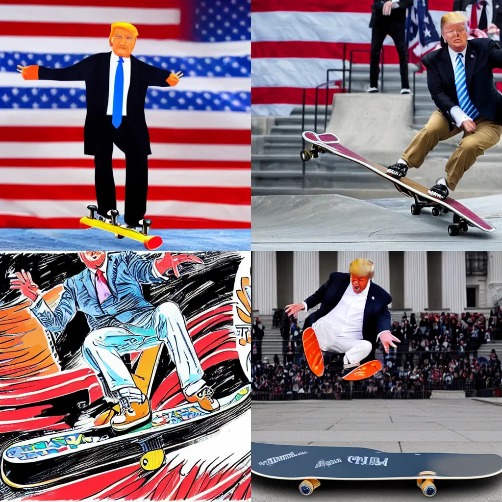 Prompt: Donald Trump sick skateboard kickflip, digita art