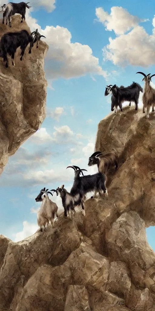 Image similar to a pack of goats climbing a citadel in the sky, beautiful, highly detailed