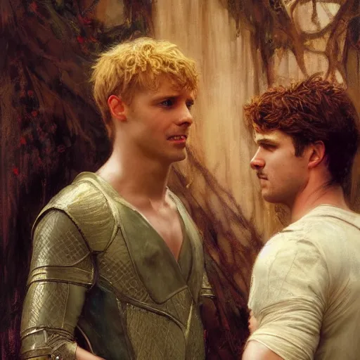 Image similar to attractive arthur pendragon confesses his love to attractive male merlin. highly detailed painting by gaston bussiere, craig mullins, j. c. leyendecker 8 k