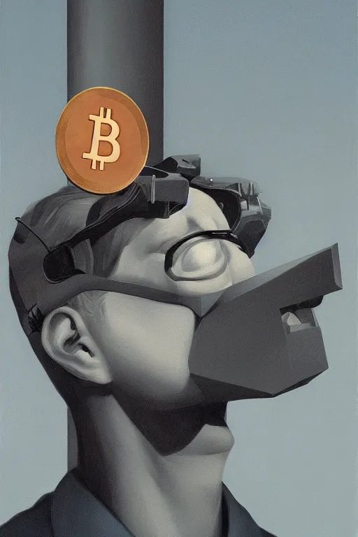 Prompt: satoshi nakamoto wearing oculus and bitcoin over his head edward hopper and james gilleard, zdzislaw beksisnski, higly detailed