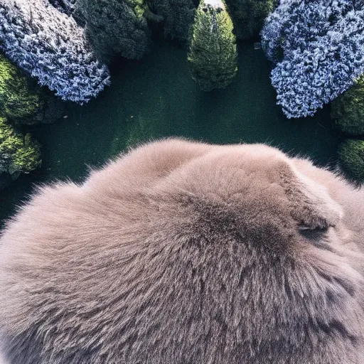 Image similar to ( enormously huge )! cat, larger than most trees with fur overwhelmingly ( very very fluffy! ) puffy fur, in a park, ( drone photo )
