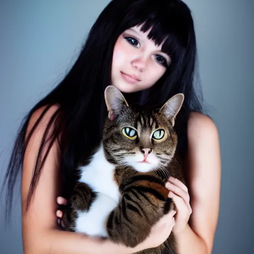 Image similar to a girl with long dark hair holding a cat in her arms, a stock photo by juan villafuerte, pexels contest winner, high quality photo, rtx, hd, shiny eyes, rasquache, a renaissance painting by sailor moon, anime, anime aesthetic