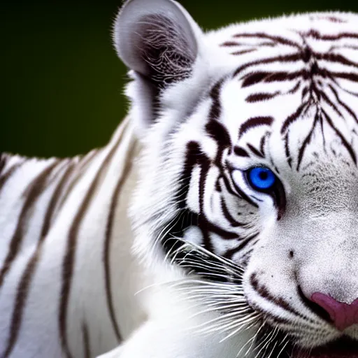 Prompt: realistic close up photo of a white tiger | blue eyes | colorful blue eyes | cinematic photo | cinematic shot | epic | 8k resolution | realistic | hyperrealistic