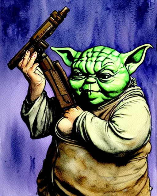 Prompt: a realistic and atmospheric watercolour fantasy character concept art portrait of a fat adorable dirty chibi yoda wearing a wife beater and holding a handgun, by rebecca guay, michael kaluta, charles vess and jean moebius giraud