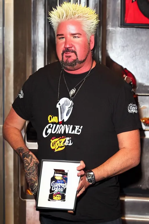 Image similar to guy fieri, dimly lit, stands in a hallway, cradling a guinness world record hot dog