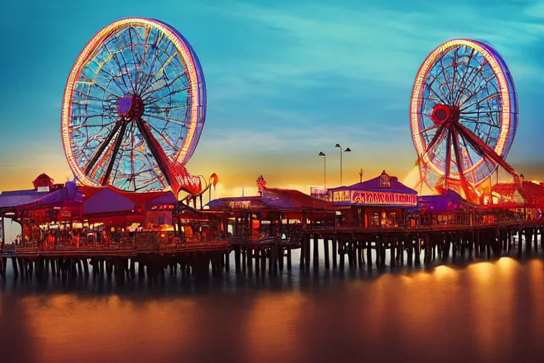 Image similar to Digital Matte Illustration of a beautiful dark Galveston Pleasure Pier night with ferris wheel, roller coaster and lighted swing, in the style of Greg Rutkowski