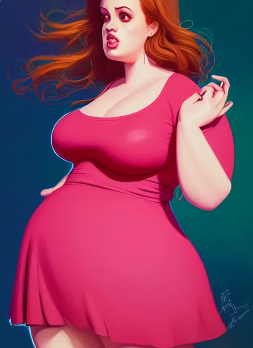 Image similar to full body portrait of teenage cheryl blossom, obese, bangs, green eyes, sultry, realistic, red hair, sultry smirk, wavy hair, pink skirt, obese, intricate, elegant, glowing lights, highly detailed, digital painting, artstation, concept art, smooth, sharp focus, illustration, art by wlop, mars ravelo and greg rutkowski