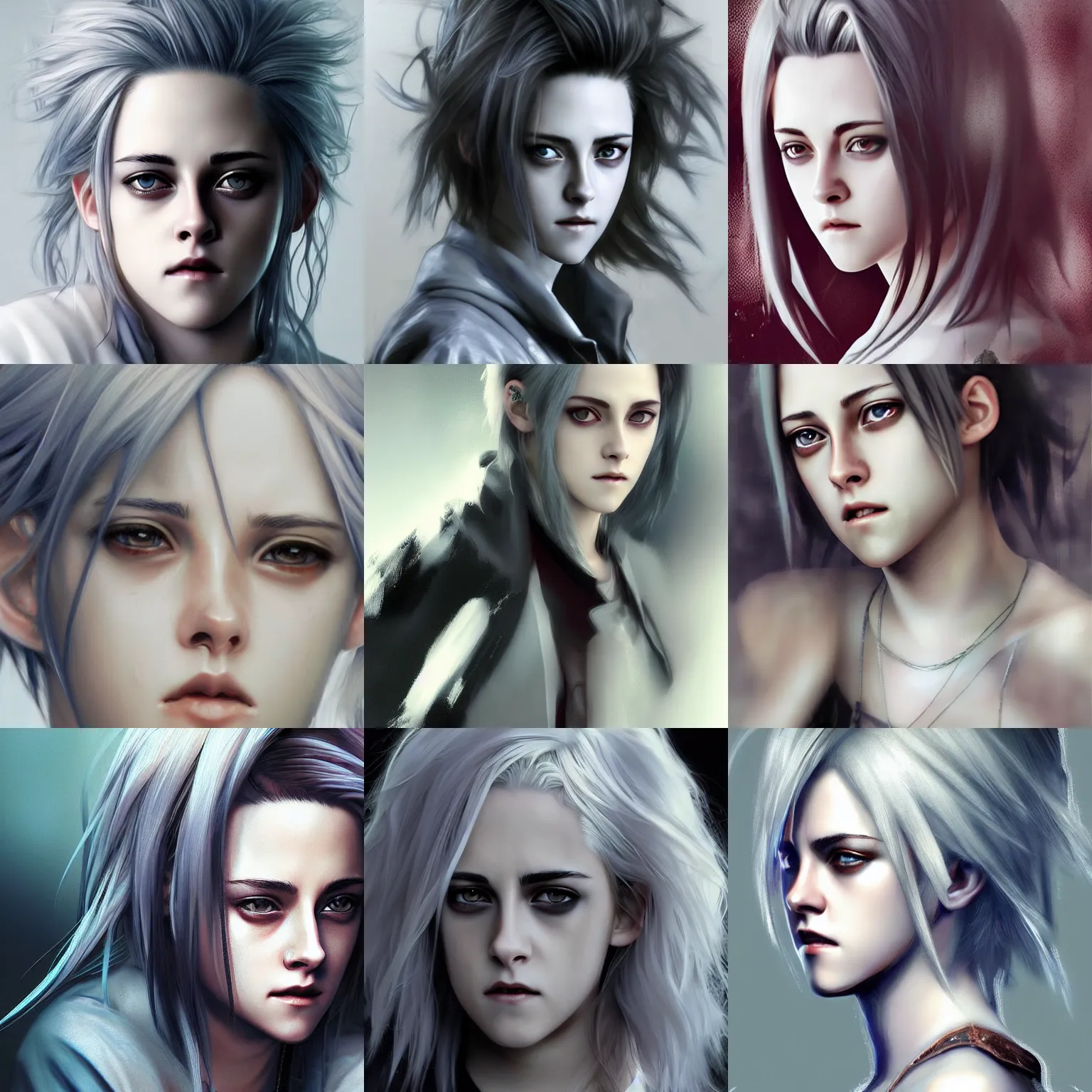 Prompt: Anime portrait of Kristen Stewart with silver hair, detailed, photorealistic digital art, style by Ruan Jia and Fenghua Zhong