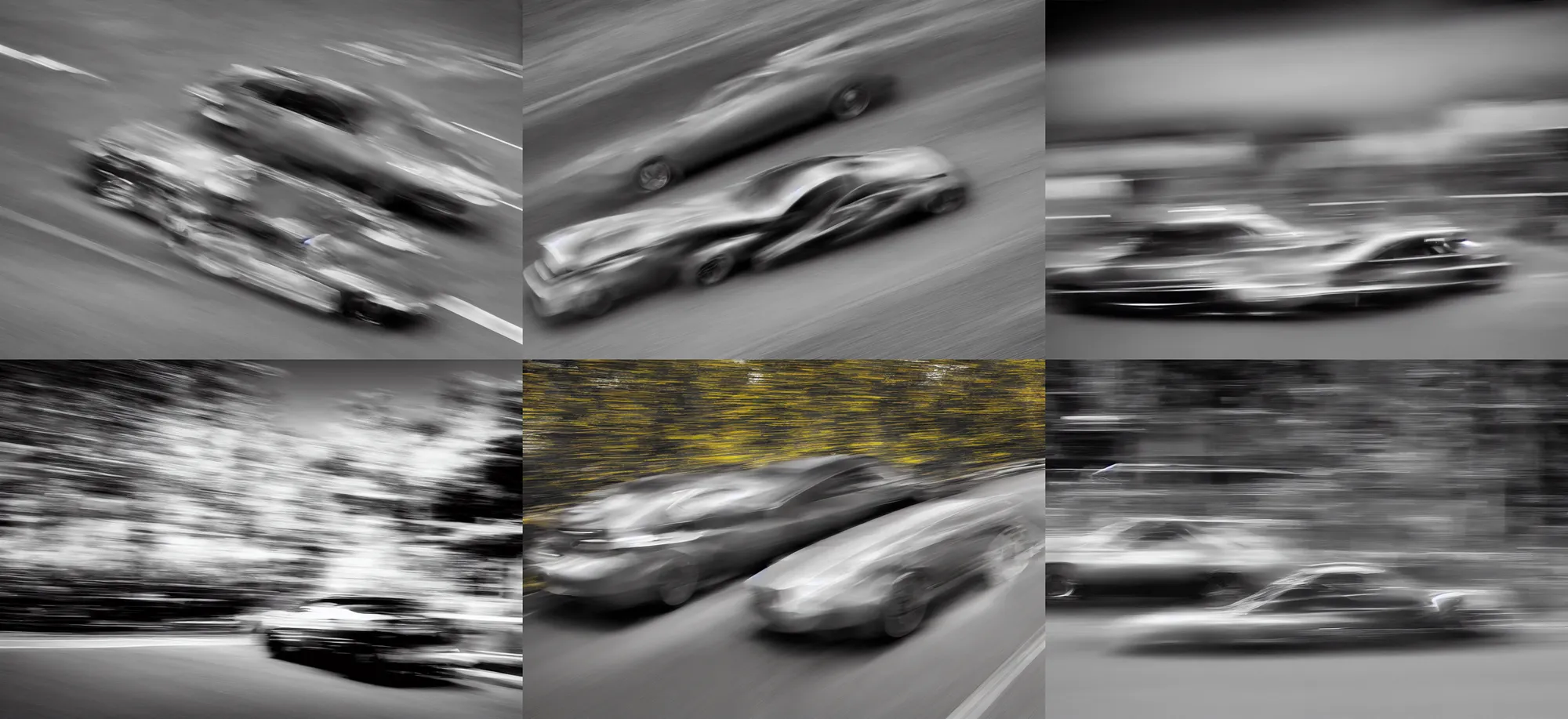 Prompt: A slit-scan photo of a car moving fast by Ted Kinsman