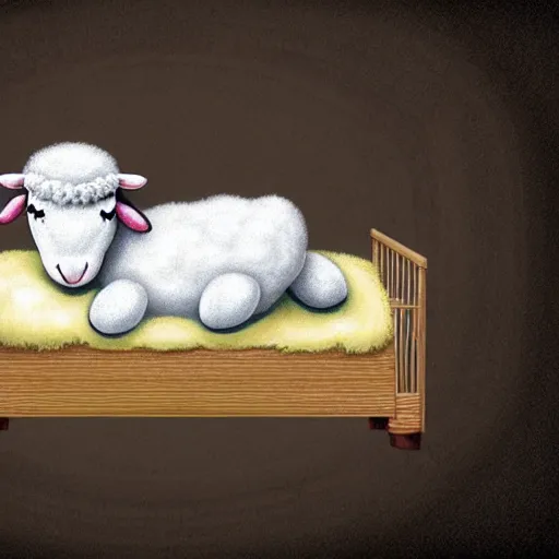 Image similar to storybook illustration of baby sleeping in a crib with a toy lamb on top of its head, storybook illustration, monochromatic