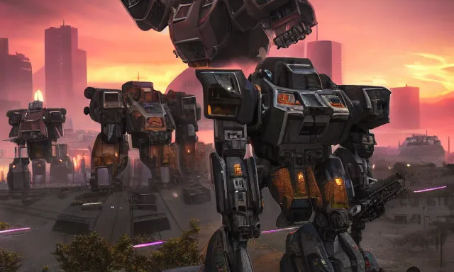 Prompt: Mechs defending the city at sunset, photorealistic, hyperrealistic, digital illustrations, sci-fi illustrations, mechwarrior, battletech, highly detailed, intricate, award-winning, mecha, gritty, beautiful colors, hdr, rendered in Octane, rendered in Unreal engine, 4k, ultra hd