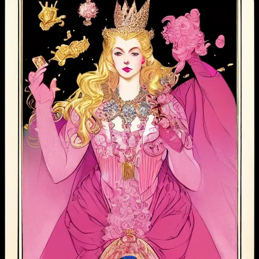Image similar to the painted portrait of beautiful princess with long blond hair and a golden crown circled by diamonds in a wonderful pink dress over a cloudy black background by Leyendecker, Moocha, and Rebecca Guay, trending on artstation