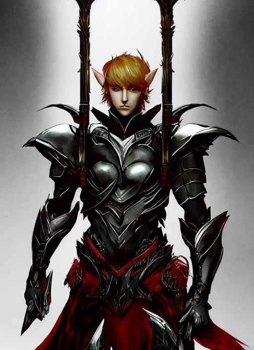 Image similar to Half body portrait of a handsome red haired elven prince with dragon eyes in light armour and a spear. In style of Yoji Shinkawa and Hyung-tae Kim, trending on ArtStation, dark fantasy, great composition, concept art, highly detailed.