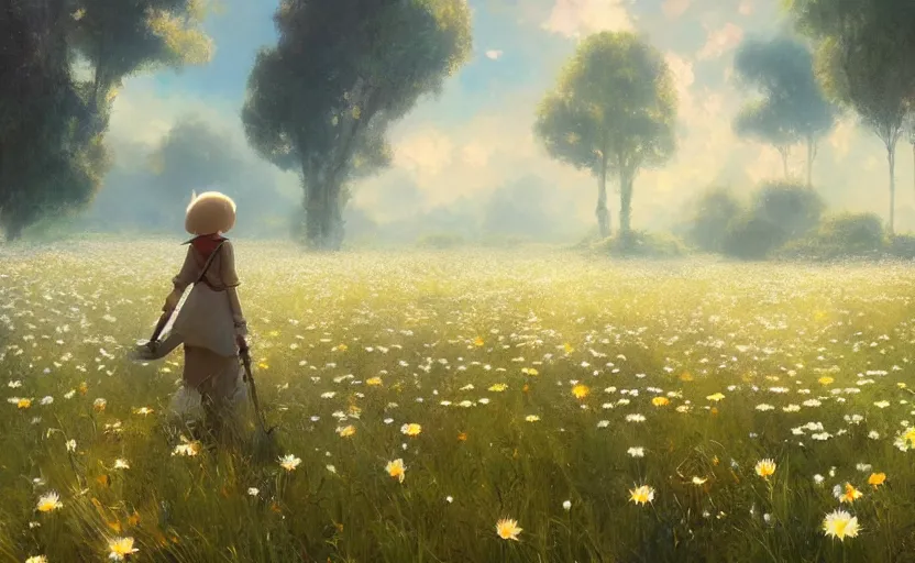 Prompt: portal to another world in a field of daisies, painting by craig mullins, octane rendering, soft morning lighting, wide angle lens, in the style of hayao miyazaki, trending on artstation