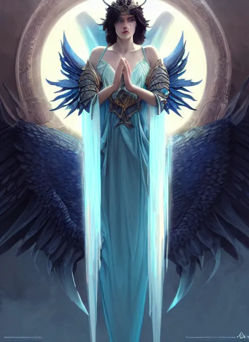 Image similar to a beautiful cinematic female archangel queen, fantasy sea landscape, fantasy magic, short aqua blue black fade hair, dark light night, intricate, elegant, sharp focus, illustration, highly detailed, digital painting, concept art, matte, art by WLOP and Artgerm and Greg Rutkowski and Alphonse Mucha, masterpiece